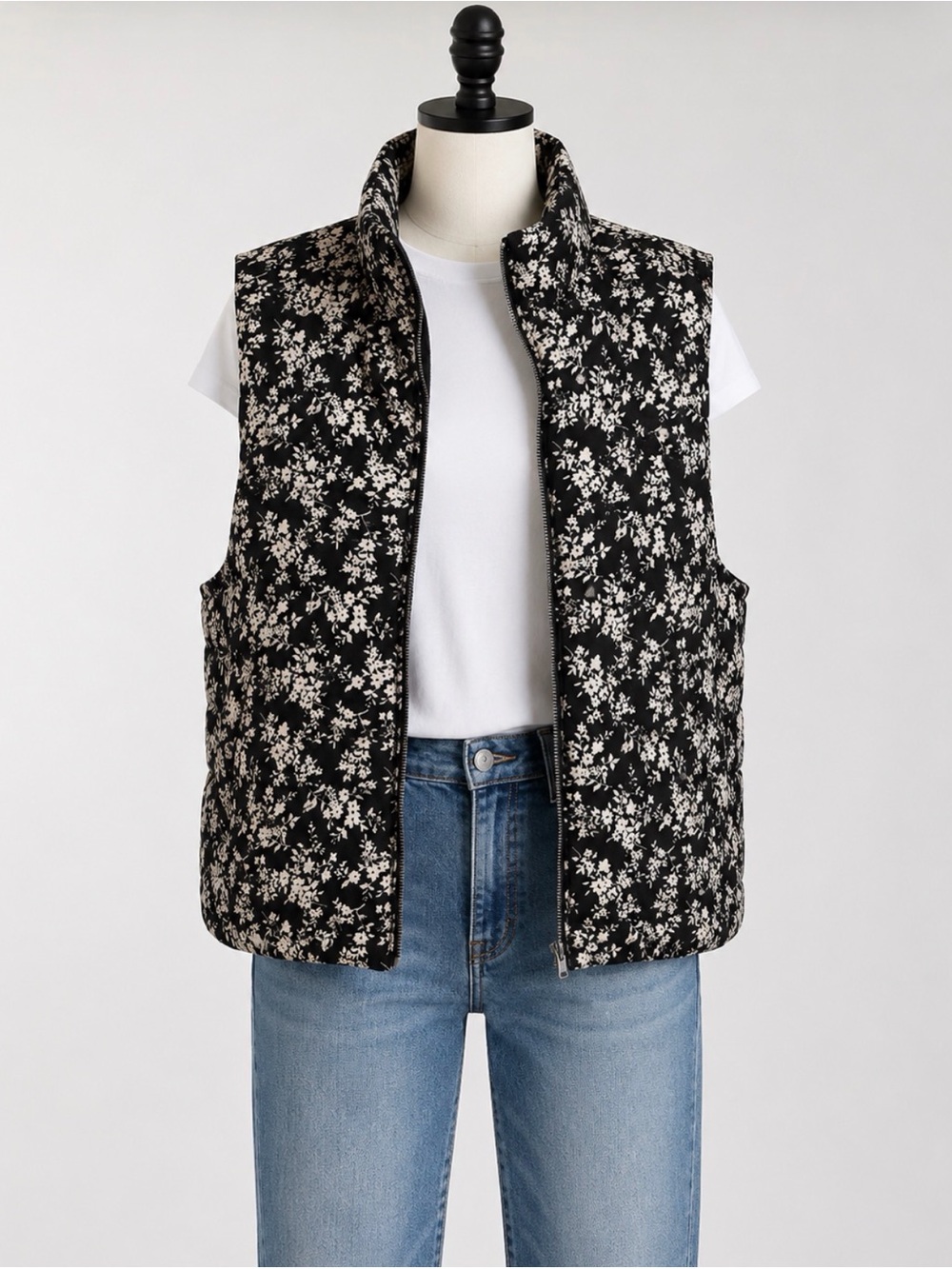 Staccato Black Floral Quilted Puffer Vest